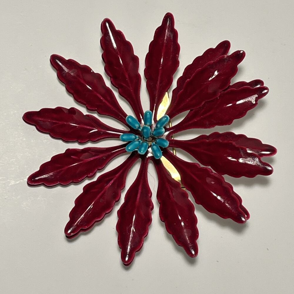 Vintage Unsigned Bold Fiery Red & Turquoise Petals Enamel Flower Brooch Pin
